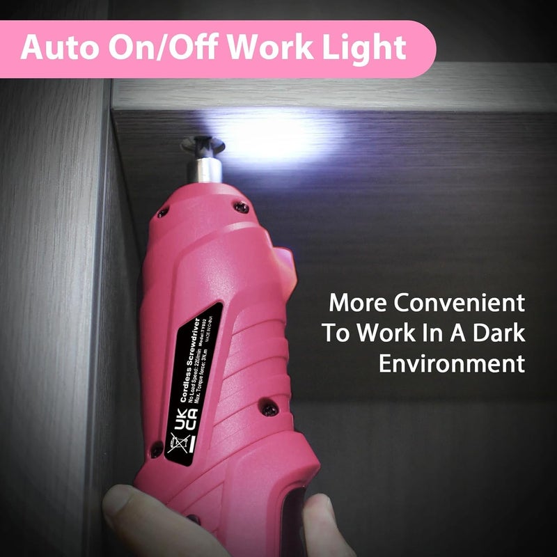 MQFORU Pink Cordless Electric Screwdriver Set, 3.7V Rechargeable Small Electric Drill with 47pcs Driver Bit Set, Power 3Nm Screw Gun with 2 Position Handle, Flexible Shaft LED Light for Women - Image 5